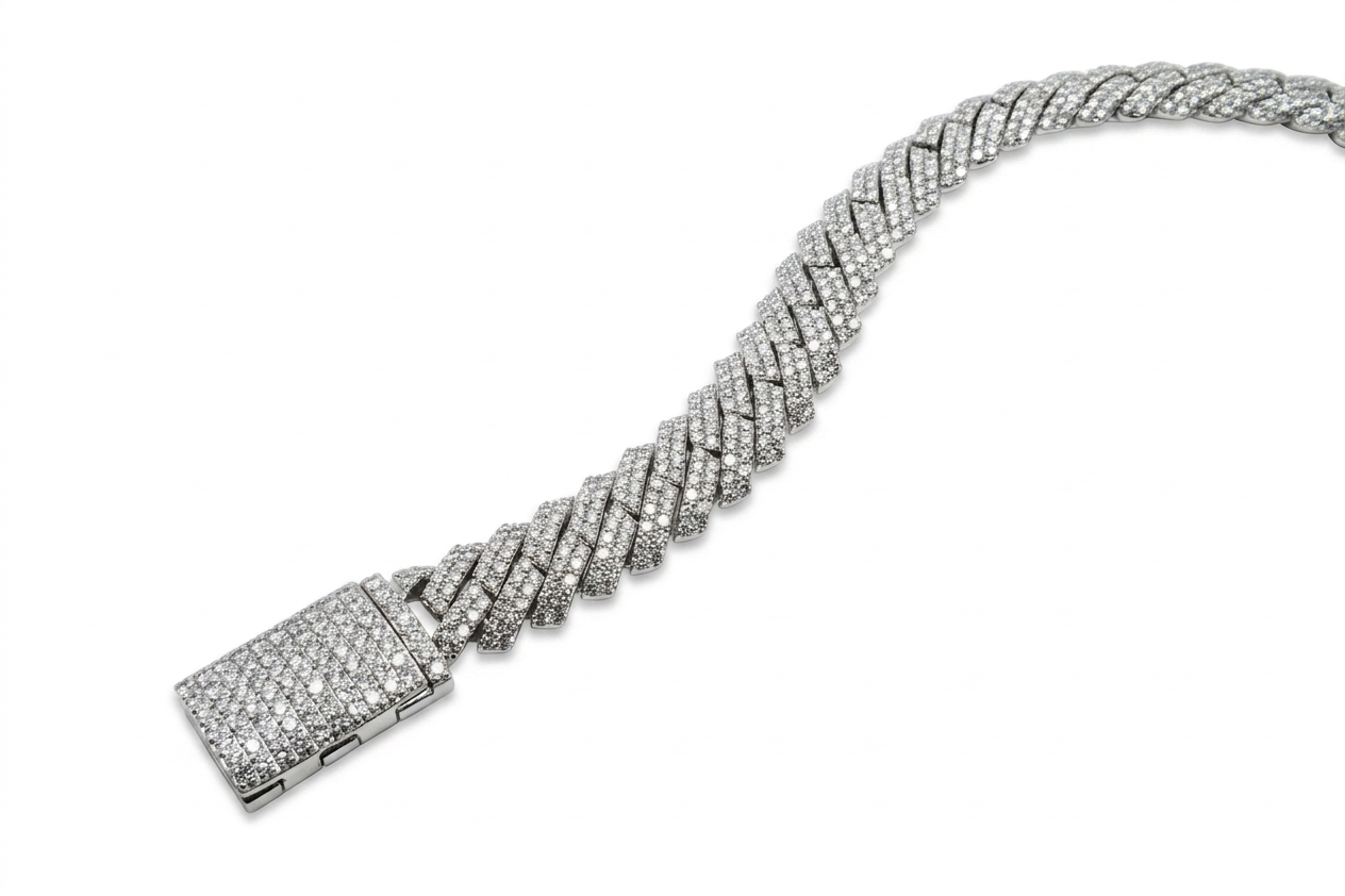 Solid Cuban Link Bracelet 10mm & 9.50ct Diamonds (White Gold)