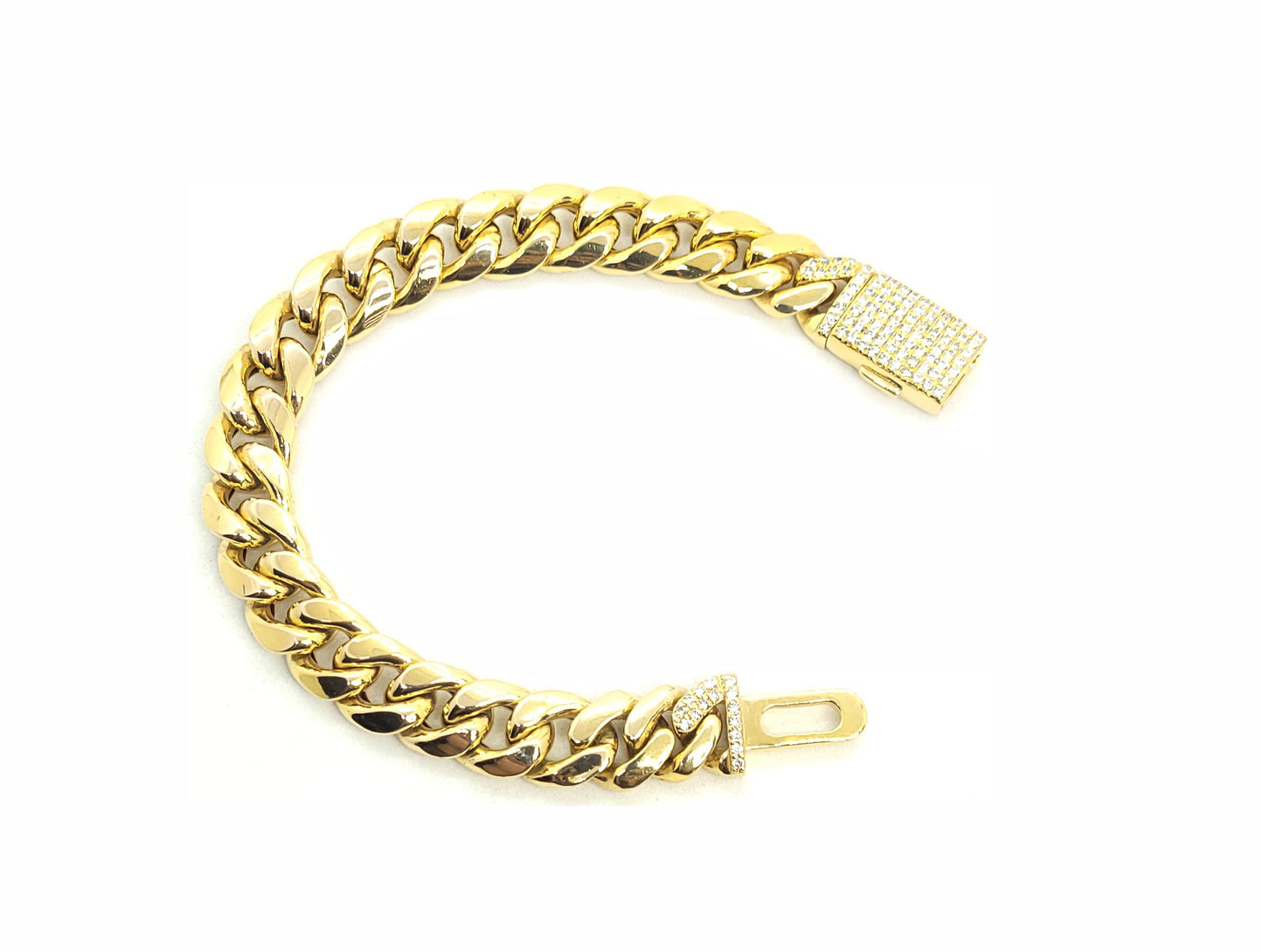 Bracelet Cubain Solide 18K, 12mm avec fermoir en Diamant