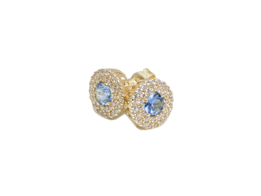 Paire de boucles d'oreilles ronds en or avec halo bleu