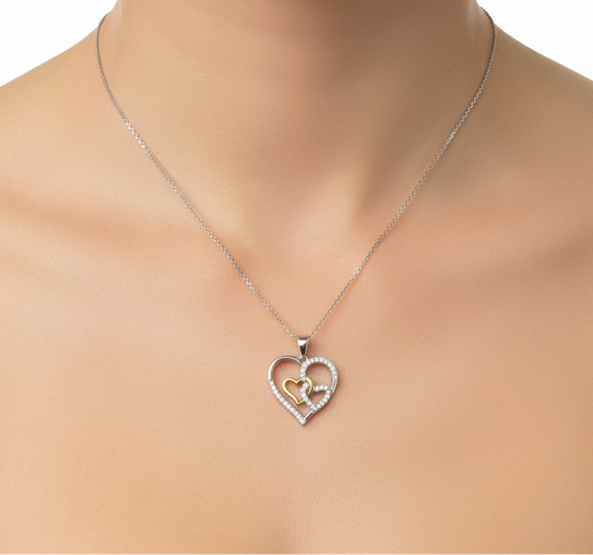 Ensemble pendentif et chaîne cœurs bicolores (argent)