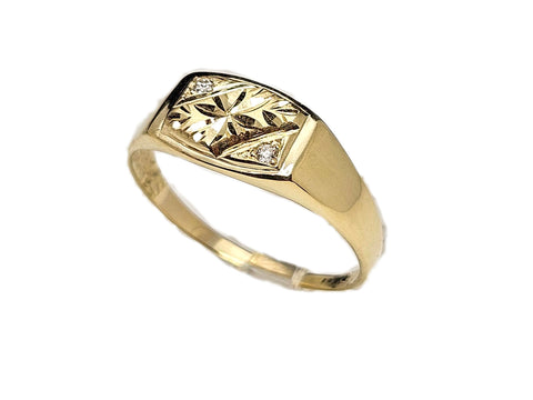 Diamond Cut Signet Gold Ring & 0.05ct Diamonds