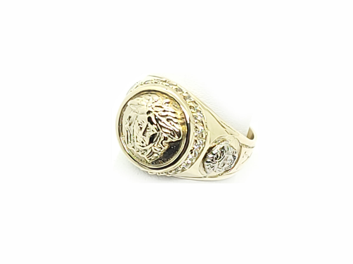 Round Bezel Gold Ring with Medusa Heads